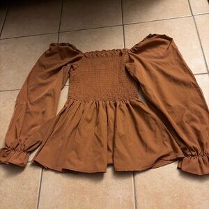 Women's Brown Smocked Puff Sleeve Peplum Top – Cottagecore – Size [S]
